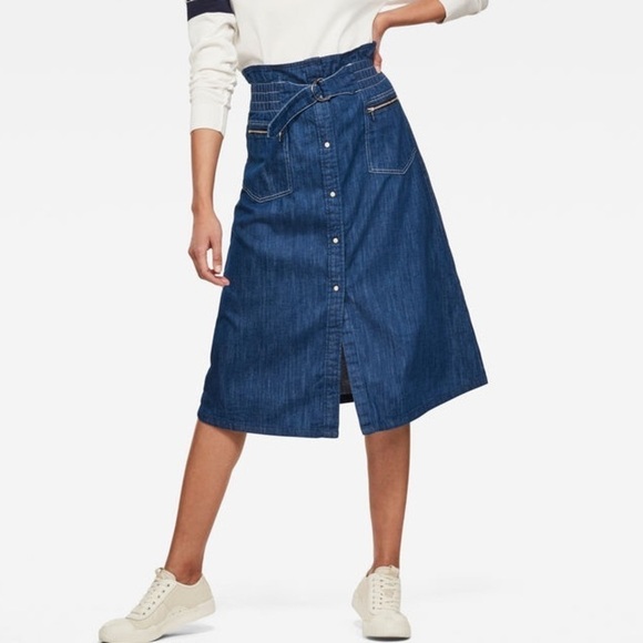 G-Star Dresses & Skirts - G Star Raw Tacoma Zip Paperbag Denim Jean Skirt Medium Blue Snap Front Sz XS
